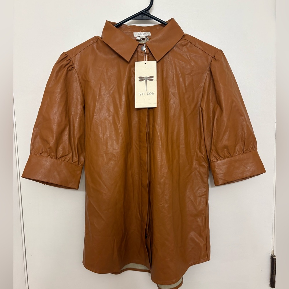 NWT Tyler Boe Alice Vegan Faux Leather Puff Sleeve Shirt Pecan Brown Size 2